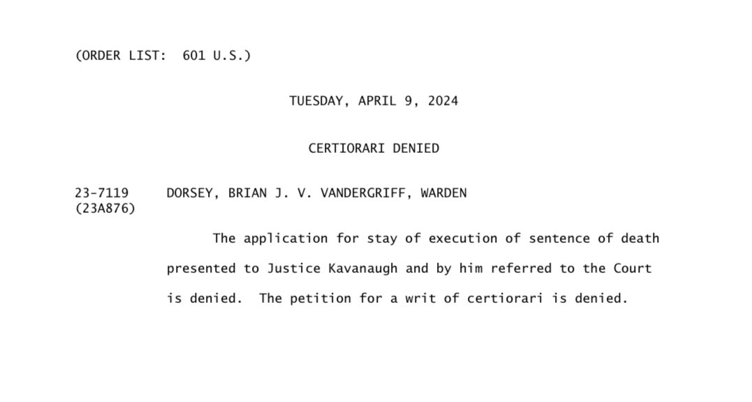 Breaking: SCOTUS will not stop the scheduled execution of Brian Dorsey by Missouri today. There were no noted dissents.