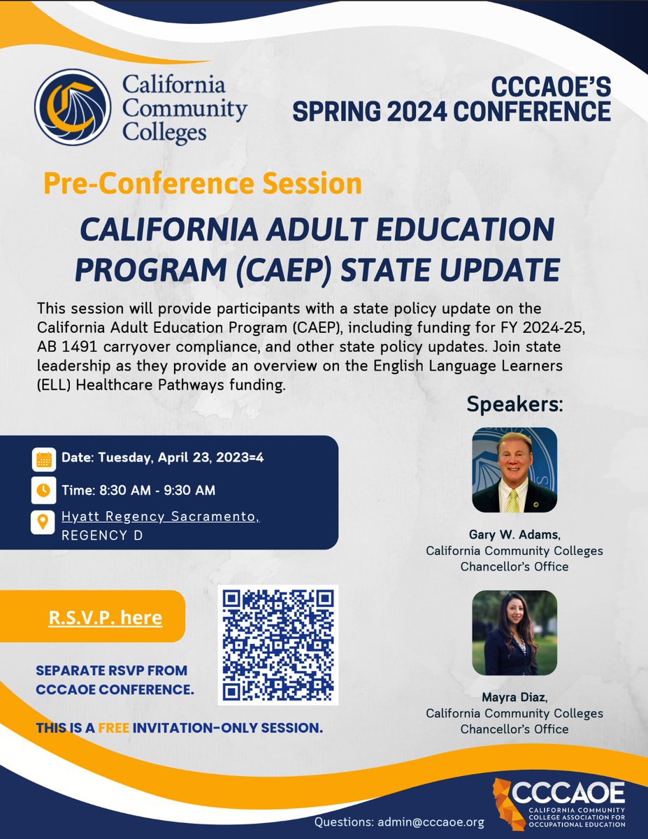There are 5 AM and 4 PM pre-conference sessions for the Spring Conference. Must RSVP. Free with your full conference registration CAEP State Update at 8:30 am Learn more drive.google.com/file/d/1zHRTRA… #CCCAOESpring2024 #Careers4All #SupportCCCEducation #CAEP #CCCCO @CalCommColleges
