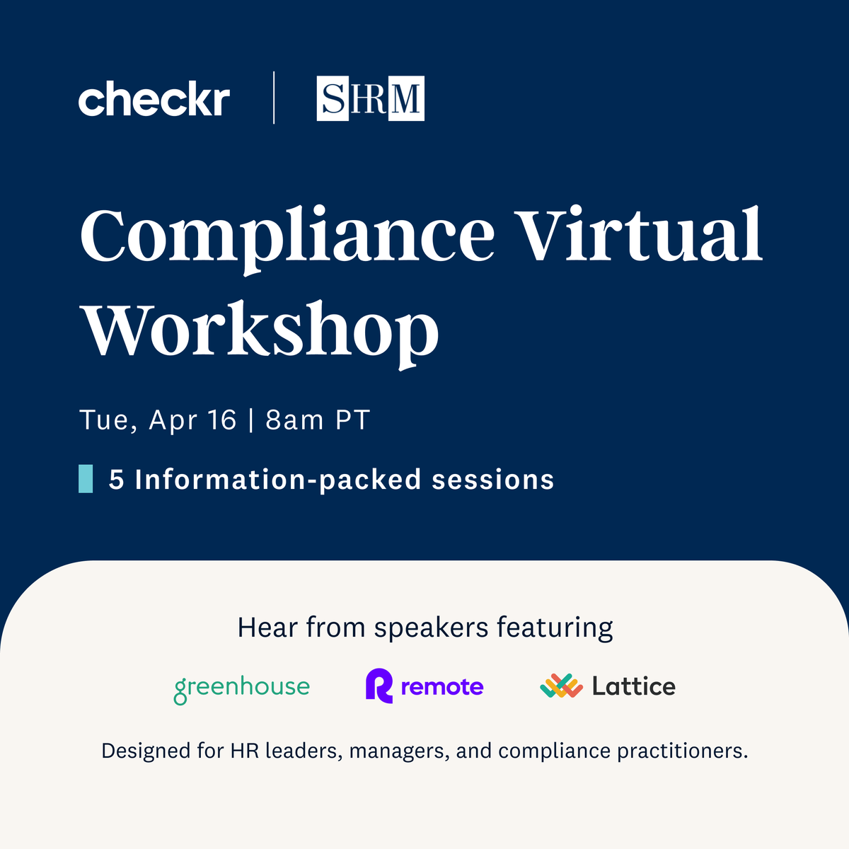 Navigating the ever-changing landscape of HR compliance? Join @SHRM and @checkr's webcast on AI, Pay Transparency, and HR Tech trends with Natalie Hubbard, our Director of Total Rewards, to stay ahead of the curve! Secure your spot: bit.ly/3vUTnId