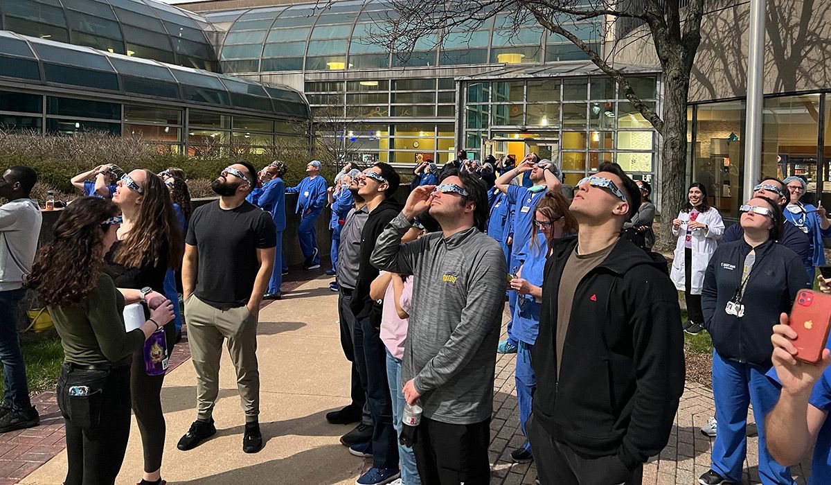 It was the view of a lifetime on campus on Monday! 🌎🌑☀️😎 The Moon passed in front of the Sun and plunged Toledo into darkness for nearly two minutes. Thanks to everyone for joining us for our viewing event on campus. #UToledoMed #campusviews #totaleclipse