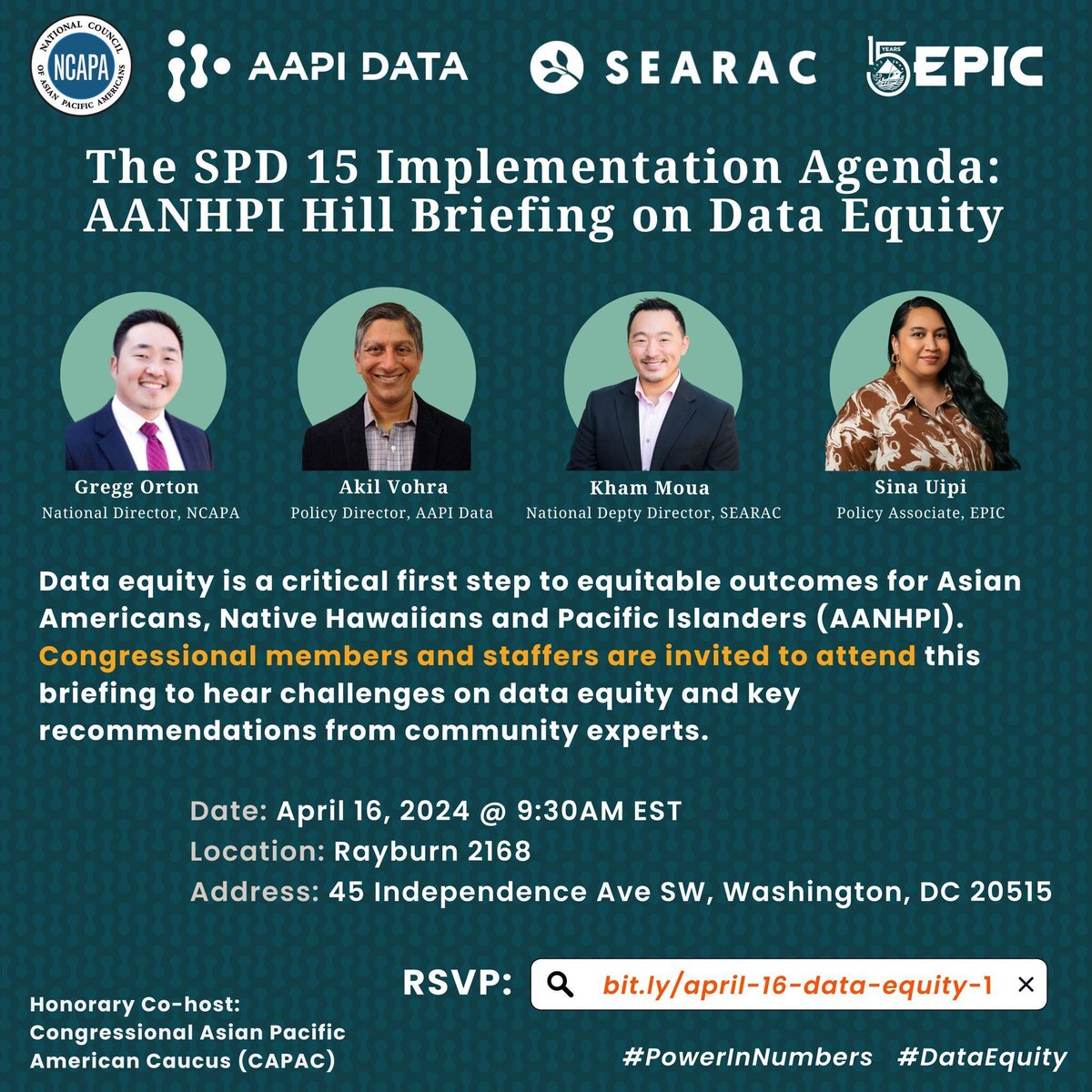 On April 16th, join us, @aapidata, @searac, & @empoweredpi in Washington, D.C. for a congressional briefing. Delve into recommendations from community experts and explore how #dataequity shapes outcomes for #AANHPI communities. Secure your spot today at: bit.ly/april-16-data-…