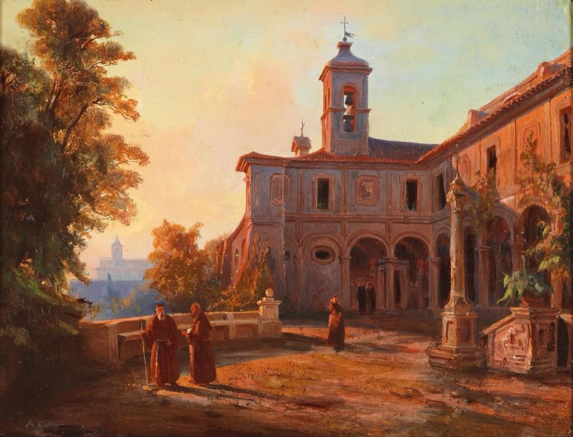 Je crois avoir trouver un nouveau tableau préféré ! ✨ 

« Terrasse Der Klosterkirche
Sant'onofrio Al Gianicolo In Rom » (1850) Albert Eichhorn

Vous ressentez à travers la toile cette douce chaleur des soirées d’été? ☀️