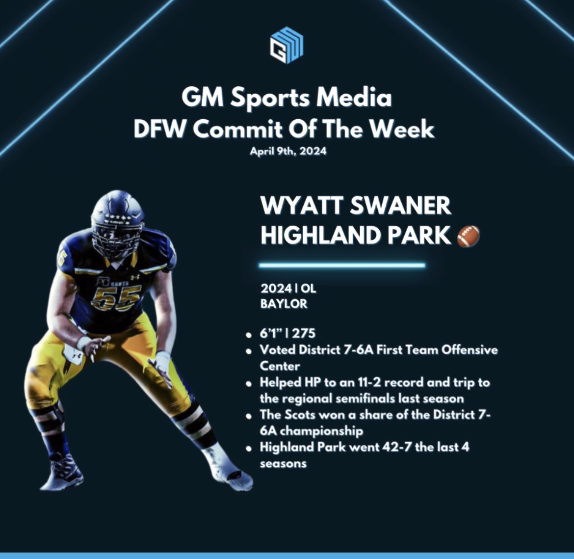 GM SPORTS MEDIA DFW COMMIT OF THE WEEK ‼️‼️ April 9th 2024 WYATT SWANER, HIGHLAND PARK 2024 OC | Baylor 🏈 ⭐️ Helped HP to an 11-2 record and trip to the regional semifinals last season ⭐️ Was voted District 7-6A First Team Offensive Center #baylor #txhsfb #commitment #sicem