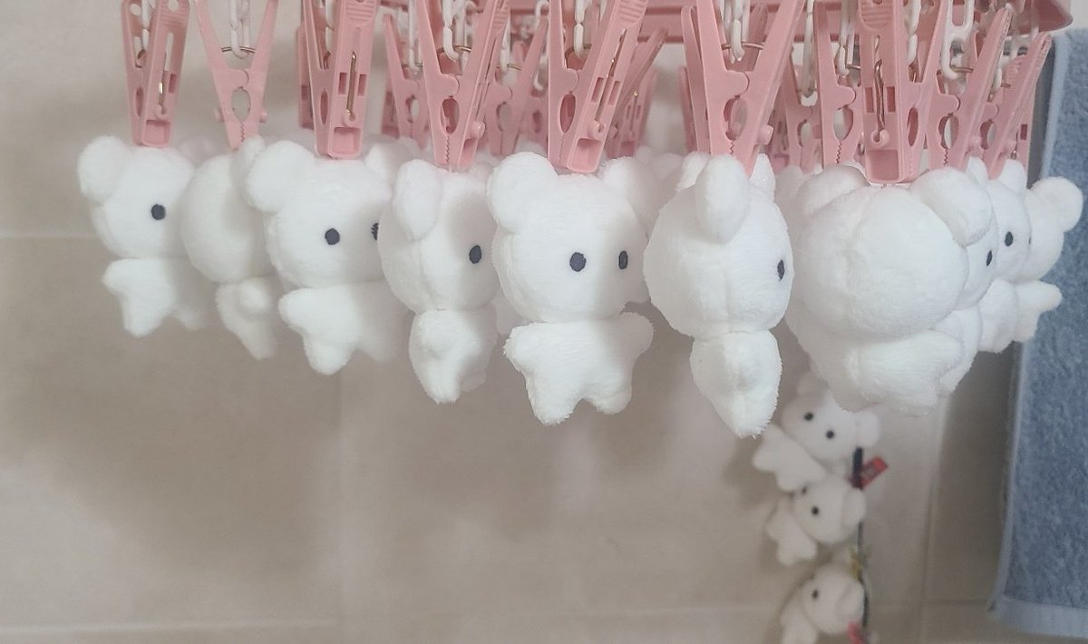 🐇도합 45마리의 생쥐 인형 키링을 완성해서 물빨래를 했습니다!!

역시 손바느질이라는건 가끔가다가 손목이 아프고 손가락이 붓는 느낌이 드네요..

여차저차 쉬어가는 시간을 가지며 건조를 위해 널어놓는중인데 이것은.. 마치..🤣

[삐빅- 묘묘 팩토리 가동중...]