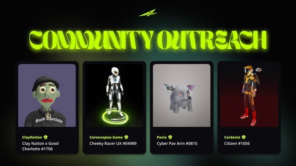 As part of our new "Community Outreach" program, we will doing various project spotlights within the #Cardano ecosystem, and giving away their NFTs to cross-pollinate communities.

Giveaway Peak ⤵️ 👀🫶🏽.

#Clay #Claymates #ClayNation #Cardania #Pavia #CornucopiasGame