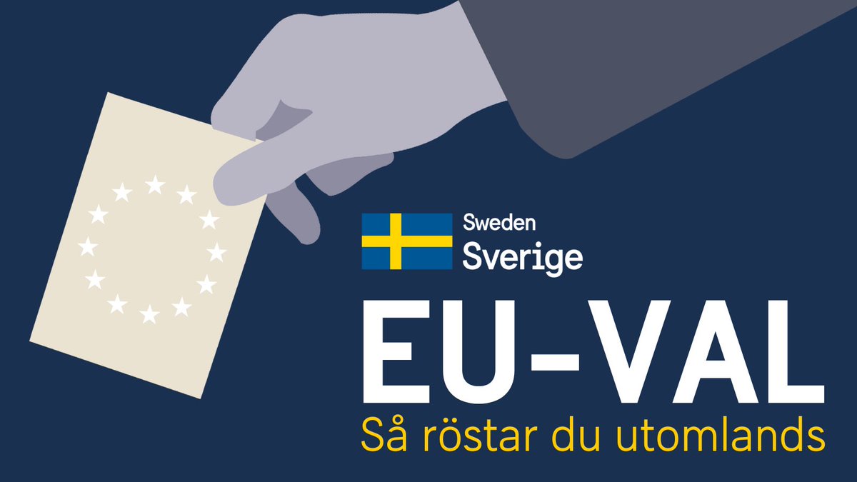 🇪🇺 Den 9 juni är det EU-val! Är du utomlands måste du rösta lite tidigare. I april öppnar brevröstning från utlandet och i maj öppnar röstmottagning på våra ambassader och konsulat. Info om när, var och hur du kan rösta finns på ambassadernas hemsidor på swedenabroad.se.