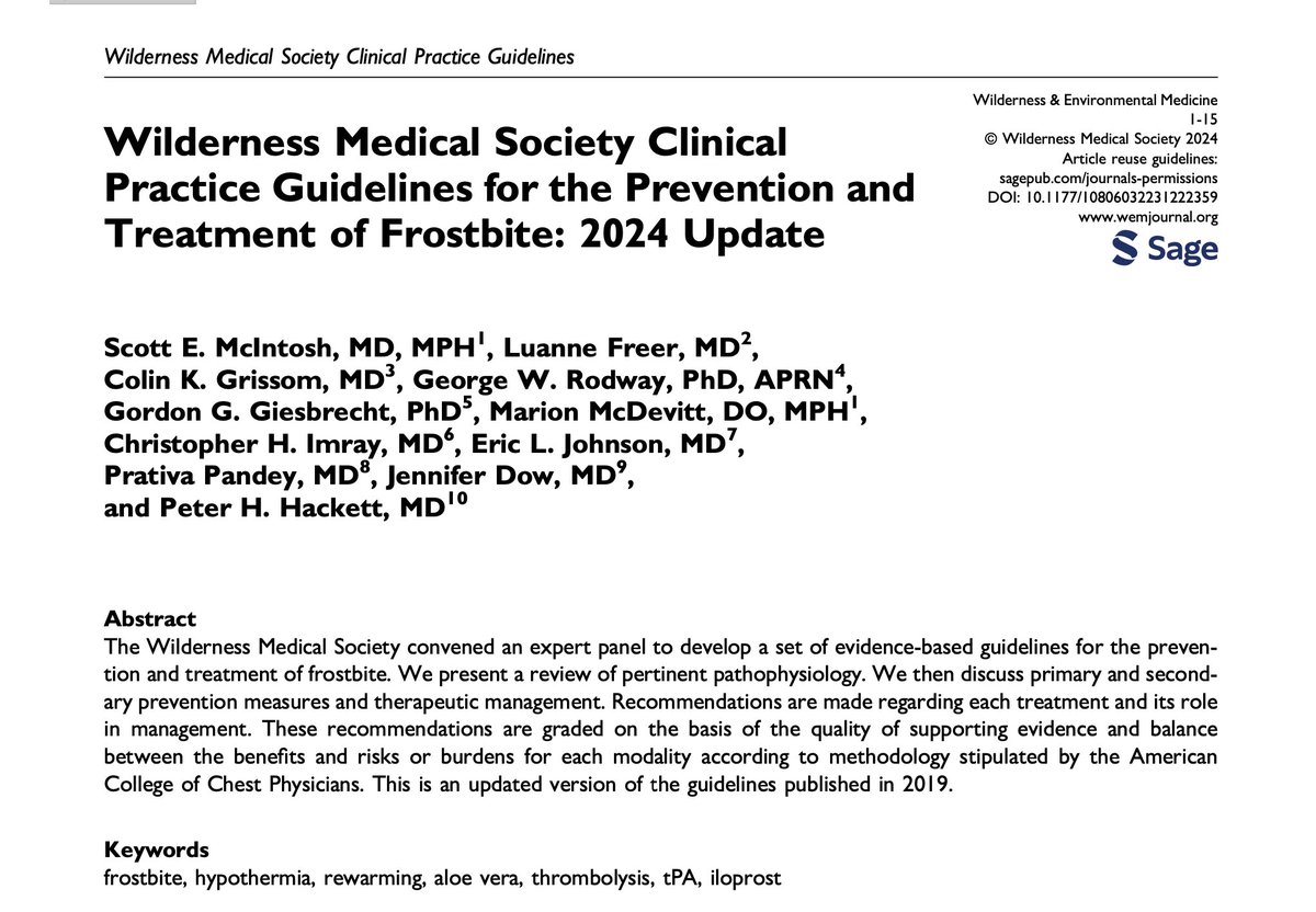 2024 @WildMedSociety frostbite guidelines: journals.sagepub.com/doi/epub/10.11… @UHCW_RandD @thealpineclub @RGS_IBG @VSGBI @WorldExtremeMed @eliteexped @Antarctic_ALE @Team_BMC @mef_org @global_polar @polar_academy @thebmms @Go_Inspire_22 @XtremeEverest @CRN_WMid @NIHRresearch @RouleauxClub