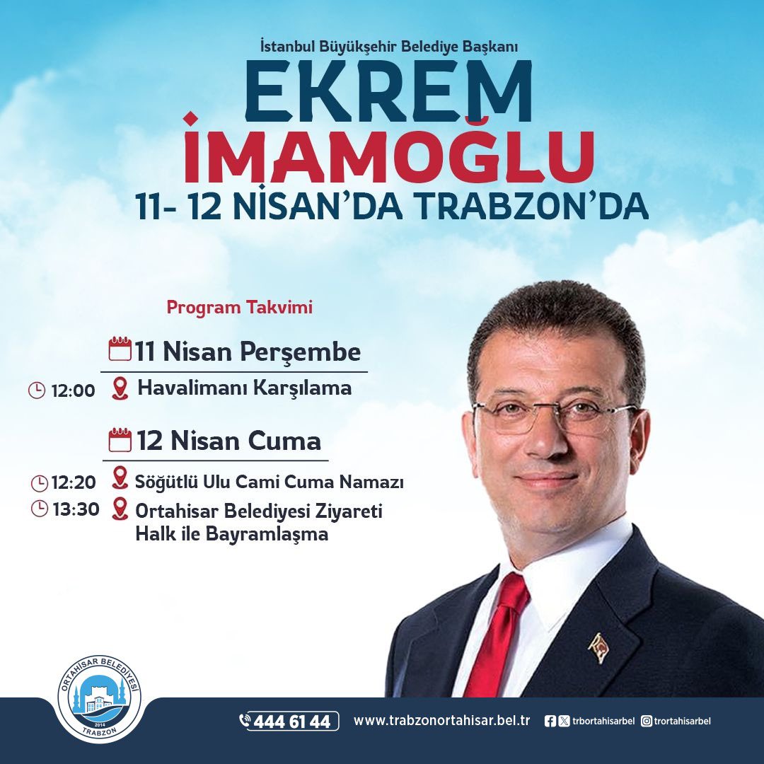 İstanbul Büyükşehir Belediye Başkanımız, gururumuz, Trabzon’un evladı @ekrem_imamoglu , hemşerileriyle kucaklaşmak için memleketi Trabzon’a geliyor. Bu tarihi buluşmaya tüm halkımızı davet ediyoruz.