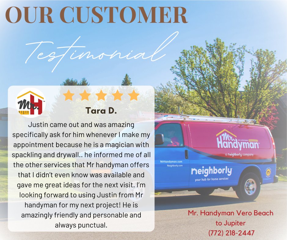 Thank you, Tara, for this wonderful 5-star review!!

#5StarReview #GoodReviews #GoodReviewsNearMe #HappyCustomer #Reviews #MrHandyman #Handyman #HandymanServices #BestHandyman #BestHandymanNearMe #HandymanNearMe #ReliableHandyman #Stuart #PortSaintLucie #FortPierce #HobeSound...
