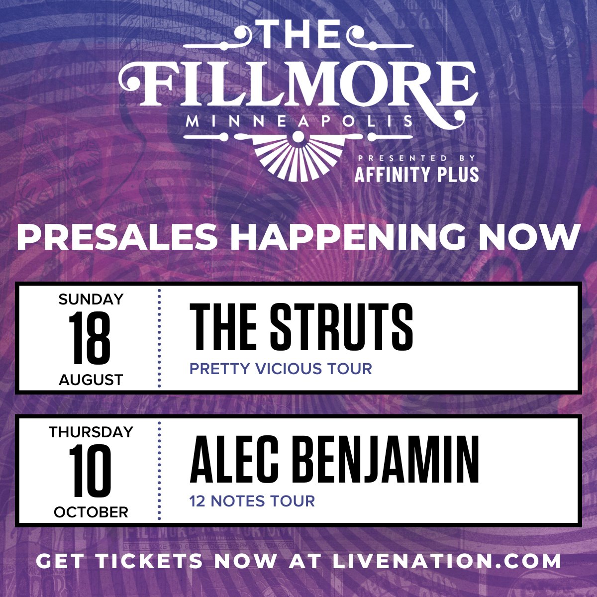 PRESALE IS LIVE! Use code RIFF for early access to tickets to these upcoming shows: 🎫 The Struts | August 18 🎫 Alec Benjamin | October 10 Get your tickets now: livemu.sc/3VNJl6f