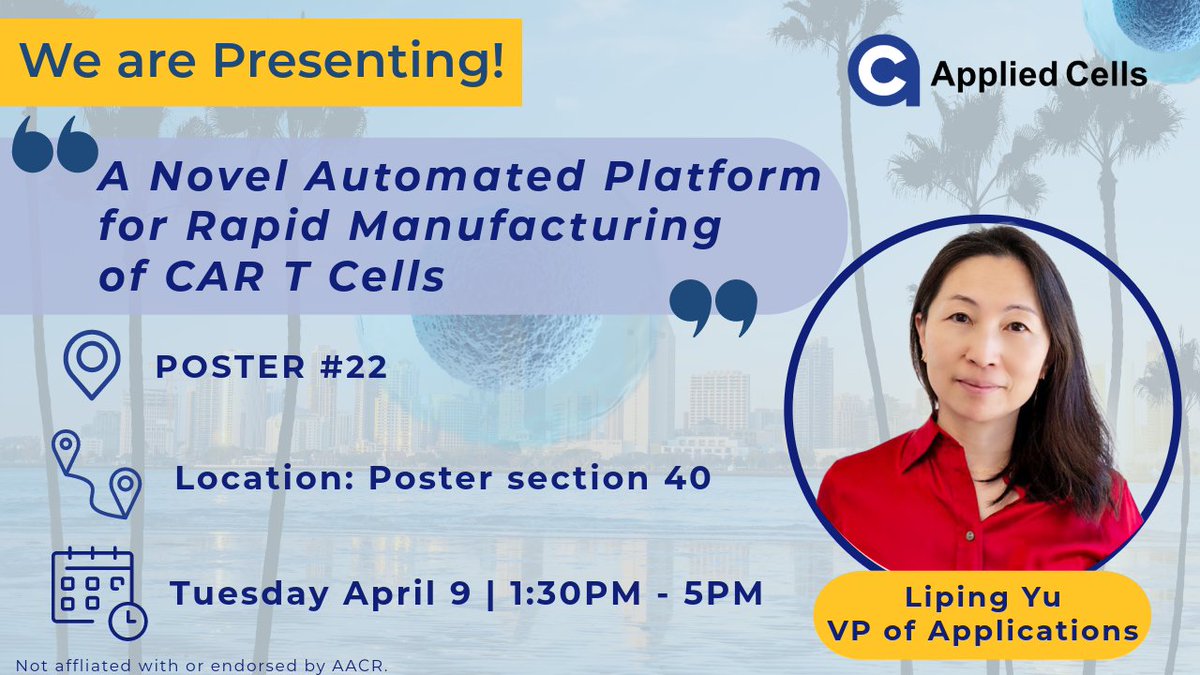 Check out our Research Poster presentation at #AACR24 in San Diego, CA! Chat with Liping Yu, our VP of Applications to discover the exciting advancements we are achieving here at Applied Cells! Follow our LinkedIn for more poster details ➡️ hubs.li/Q02s9kxK0
