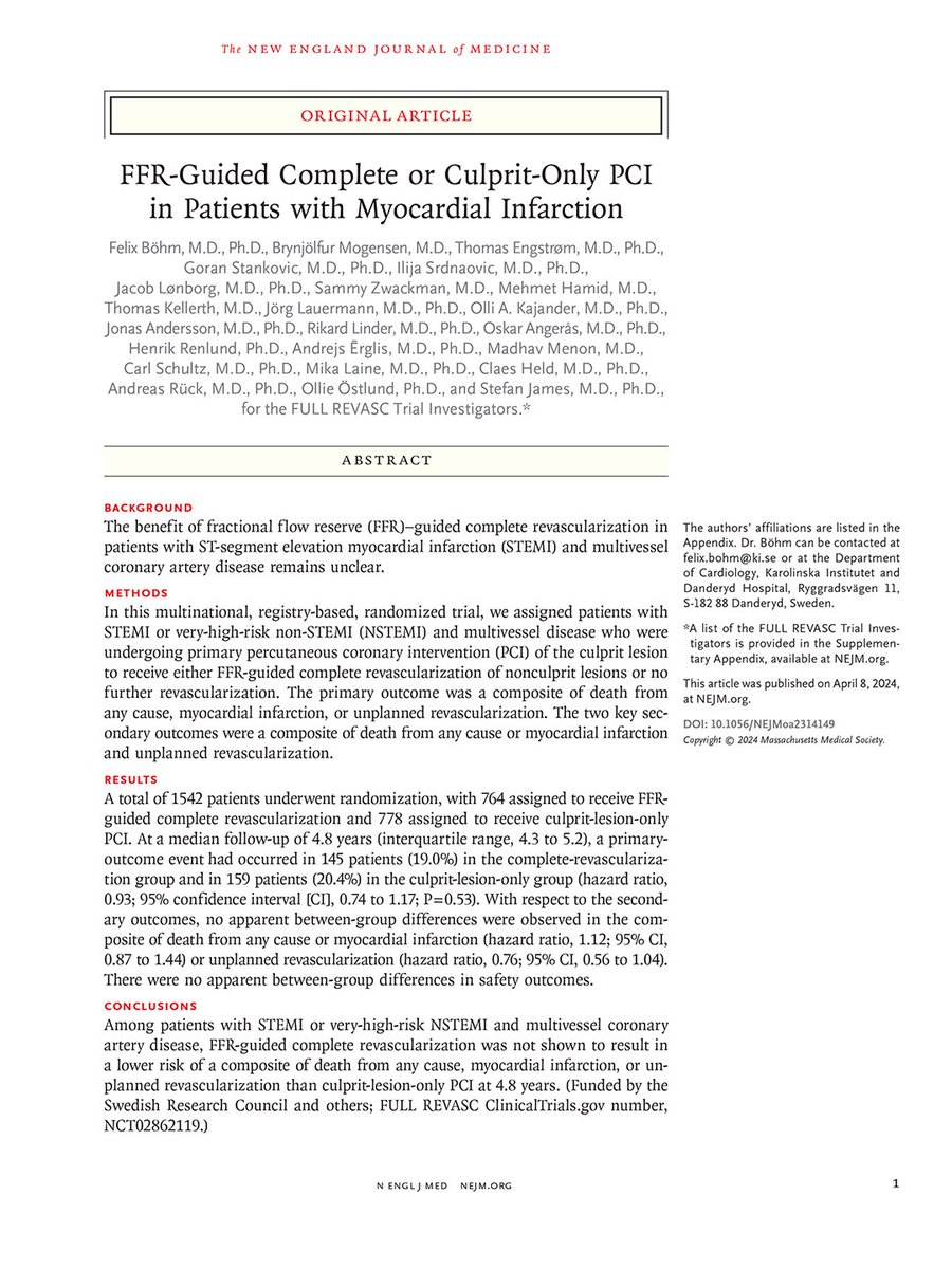 NEJM's tweet photo. Original Article: FFR-Guided Complete or Culprit-Only PCI in Patients with Myocardial Infarction (FULL REVASC) https://t.co/aXxXd7lvK3 

Editorial: Role of Physiology in the Management of Nonculprit Lesions in Acute Coronary Syndrome https://t.co/7GjtdB8kU6 

@ACCinTouch #ACC24 https://t.co/oESSLhBbmY