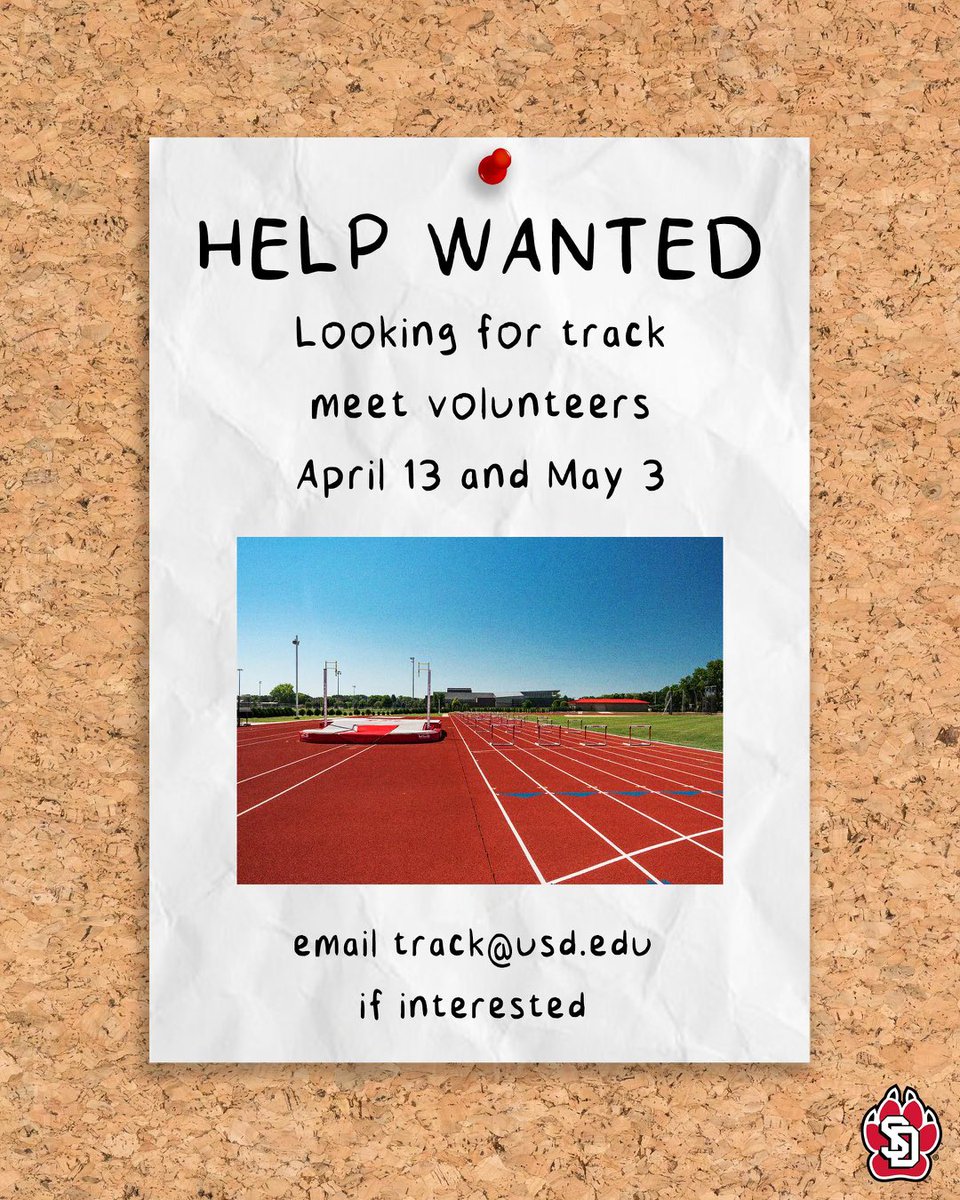 We are looking for some meet volunteers for our upcoming home meets. Enjoy the sunshine and some great DI competition! No experience necessary. #GoYotes x #WeAreSouthDakota 🐾