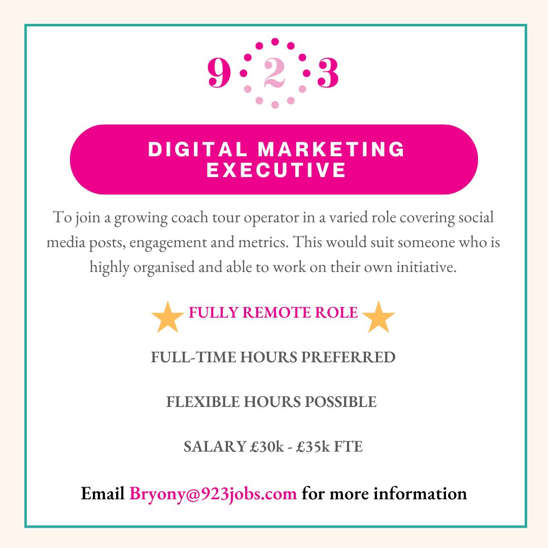 ⭐️JOB SHOUT OUT⭐️ We have an exciting opportunity for a Digital Marketing Executive to join a growing coach tour operator. 🔸Fully remote role 🔸Full time hours preferred 🔸Salary £30k - £35k FTE. 👉Bryony@923jobs.com #marketingjobs #jobsearch #remotejos #flexiblejob