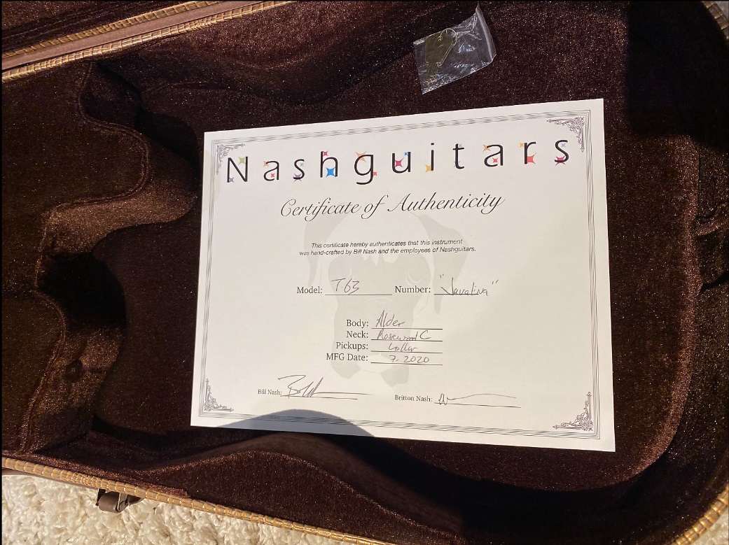 One-of-a-kind, autographed by Bill Nash himself. Hardshell case included. Alder body, rosewood neck, C-shape. Lollar pickups. Light aging.This beauty can be yours 👀😍stop by the shop today to try it out before it's gone! #guitar #guitars #nashguitars #handmadeguitar #guitarporn