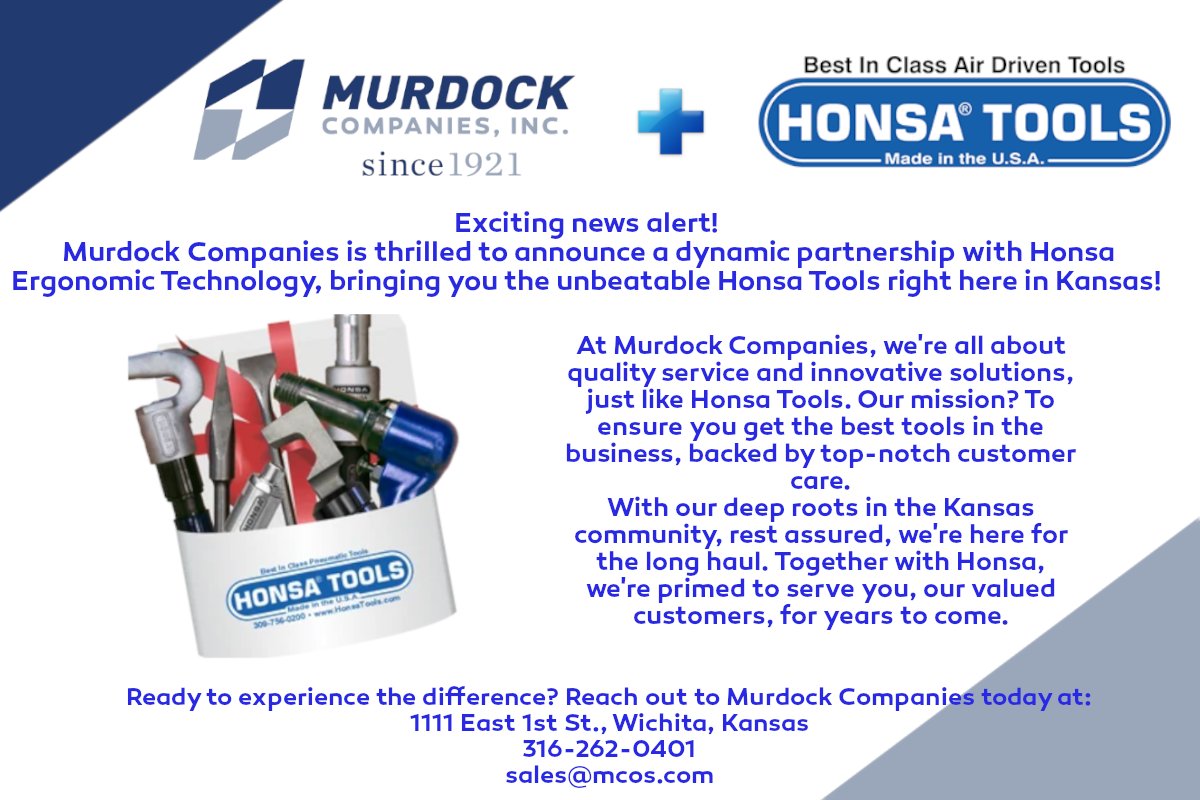 BIG NEWS for Kansas! Murdock Companies has joined forces with Honsa Ergonomic Technology to bring you the BEST tools and solutions around! #airtools #Honsa #CallMurdockFirst