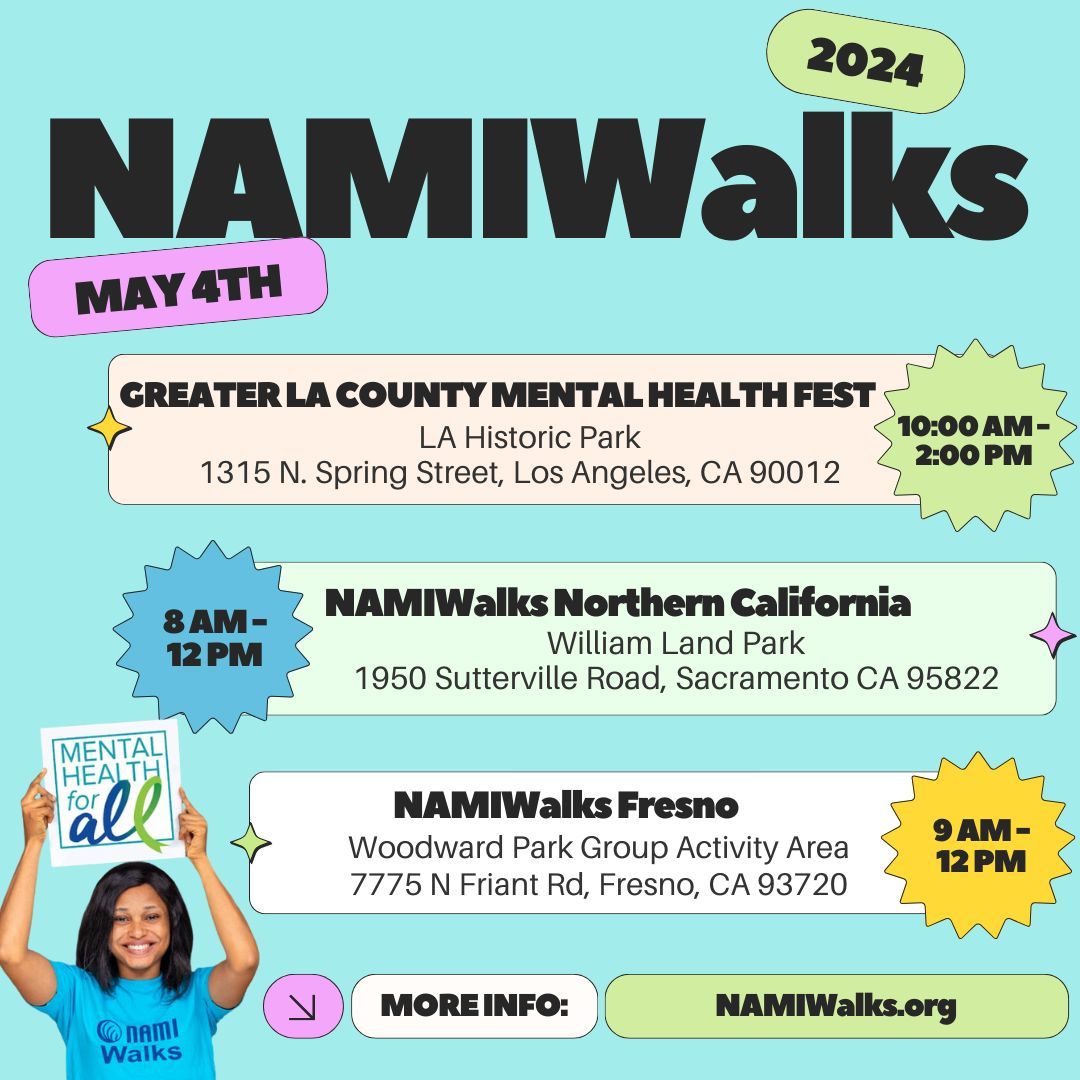 StarsBehavioral's tweet image. Step up for mental health! Join us on May 4th for NAMIWalks that take place in three counties where SBHG does business -- Los Angeles, Sacramento, and Fresno.  Let's raise awareness and support for mental health. 💚 #NAMIWalks #MentalHealthMatters ⭐ #PeopleForPositiveChange