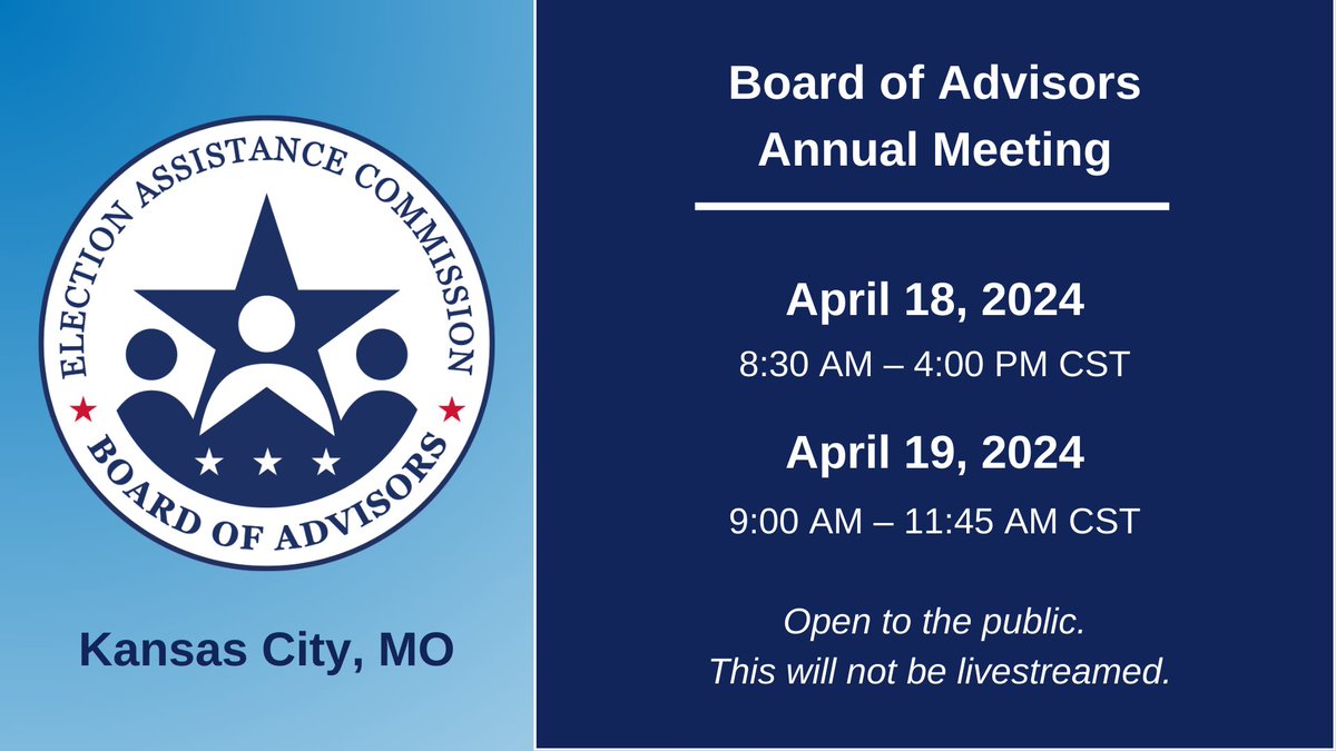 In the upcoming @EACgov Board of Advisors Annual Meeting, members will discuss EAC agency developments, ethical standards for election administration, election processes in 2024, and more. Register here: eac.gov/events/2024/04…