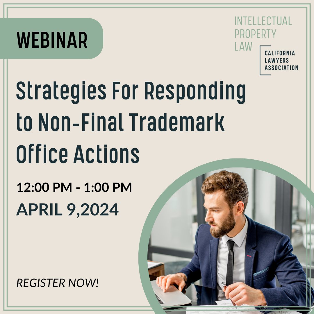 📣 Calling all trademark lawyers 📣

Join us for a webinar on strategies for responding to non-final trademark office actions. 

Sign up today 👇
calawyers.org/event/webinar-…

#IPLaw #Trademark #CALawyers #TogetherWeLaw #MCLEEvent