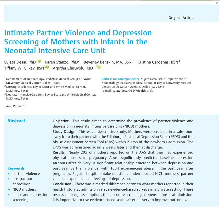 MySMFM's tweet photo. Per the American Journal of Perinatology, nearly 20% of mothers reported on the Abuse Assessment Screen Tool that they had experienced physical abuse since #pregnancy. This study looked into the prevalence of partner violence and depression in #NICU mothers. Full article in bio. https://t.co/WvPw2Opem2