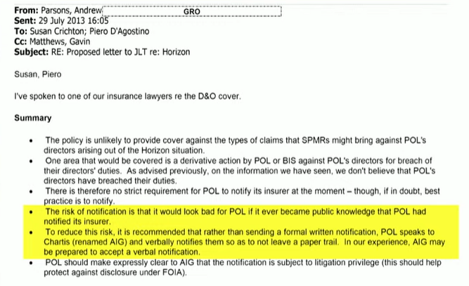 Last tweet today - a good one: Here is Womble Bond Dickinson partner Andrew Parsons's view on disclosing Horizon issues to insurers in 2013. Verbally notify 'so as not to leave a paper trail... this should protect against disclosure...' Well done to Alan - a marathon session.