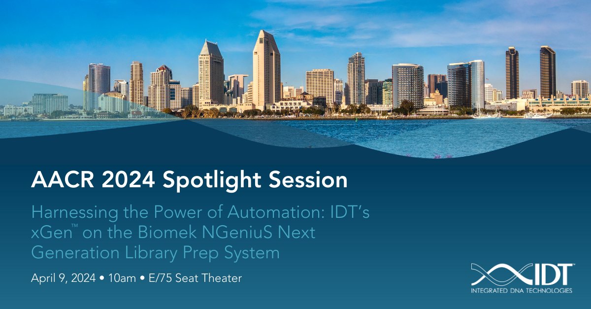 Are you at #AACR24? Remember to check out our presentation with @BCILifeSciences on “Harnessing the power of automation: IDT’s xGen™ on the Biomek NGeniuS Next Generation Library Prep System” at 10 am today. See you there! @AACR #AACR2024