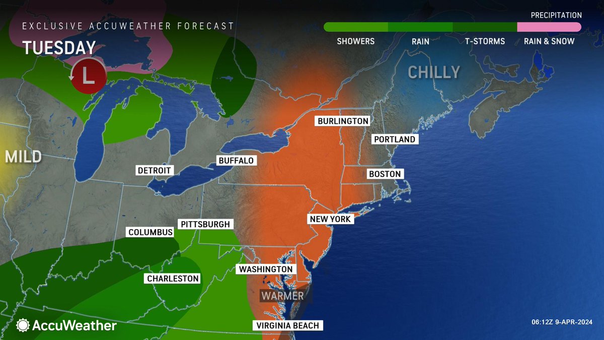 WEATHER @accuweather Tuesday • This afternoon-Clouds and sun. Nicest day of the week. High 76. • Tonight-Evening thunderstorm in spots. Clouds and a gusty wind. Low 48. • Wednesday-Clouds and a couple of showers. High 63.