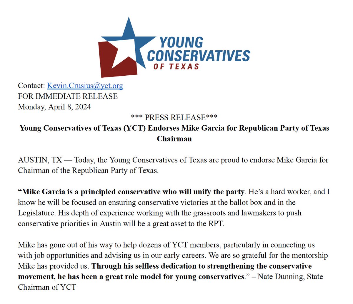 🚨🚨Endorsement Alert 🚨🚨 YCT endorses Mike Garcia for Republican Party of Texas Chairman #texas #republican #yct24 #txlege