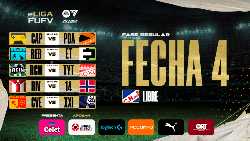 Asociación Uruguaya de Deportes Virtuales (@audvesports) on Twitter photo Esta noche FECHA 4⃣
🔴 EN VIVO comienza la Temporada 30 con #eLIGAFUFV presentada por COLET #EAFC24
📺 twitch.tv/audvtv
📺 twitch.tv/audvtv
🎙️ <a href="/JuanCruzNovales/">Juan Cruz Novales</a> <a href="/GamesCabeza/">Cabeza Games</a> <a href="/CapeFabri/">FabriCape</a>
<a href="/esportcap/">PEÑAROL | e-Sports</a> 🆚 <a href="/PDAesports/">PDA Esports</a>
<a href="/FcRebote/">De Rebote FC</a> 🆚 <a href="/TeamEvermeet/">Evermeet</a>
<a href="/RacingeSports_/">Racing eSports</a> 🆚 Esta noche FECHA 4⃣
🔴 EN VIVO comienza la Temporada 30 con #eLIGAFUFV presentada por COLET #EAFC24
📺 twitch.tv/audvtv
📺 twitch.tv/audvtv
🎙️ <a href="/JuanCruzNovales/">Juan Cruz Novales</a> <a href="/GamesCabeza/">Cabeza Games</a> <a href="/CapeFabri/">FabriCape</a>
<a href="/esportcap/">PEÑAROL | e-Sports</a> 🆚 <a href="/PDAesports/">PDA Esports</a>
<a href="/FcRebote/">De Rebote FC</a> 🆚 <a href="/TeamEvermeet/">Evermeet</a>
<a href="/RacingeSports_/">Racing eSports</a> 🆚