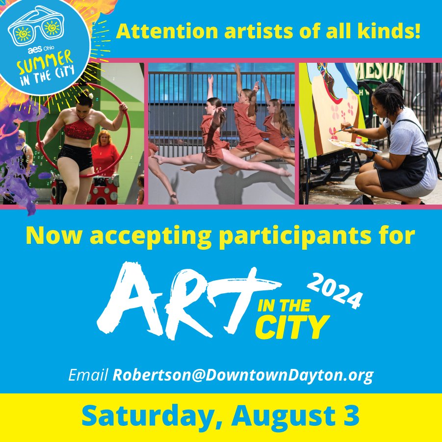 🎨🩰🎭🎼💃 Calling all artists! 🎨🩰🎭🎼💃 Submissions are now open to participate in the 2024 Art in the City, presented by @AESOhio Please submit the application in our bio by May 13. Artists selected to participate will be contacted in June. Watch here for more info!