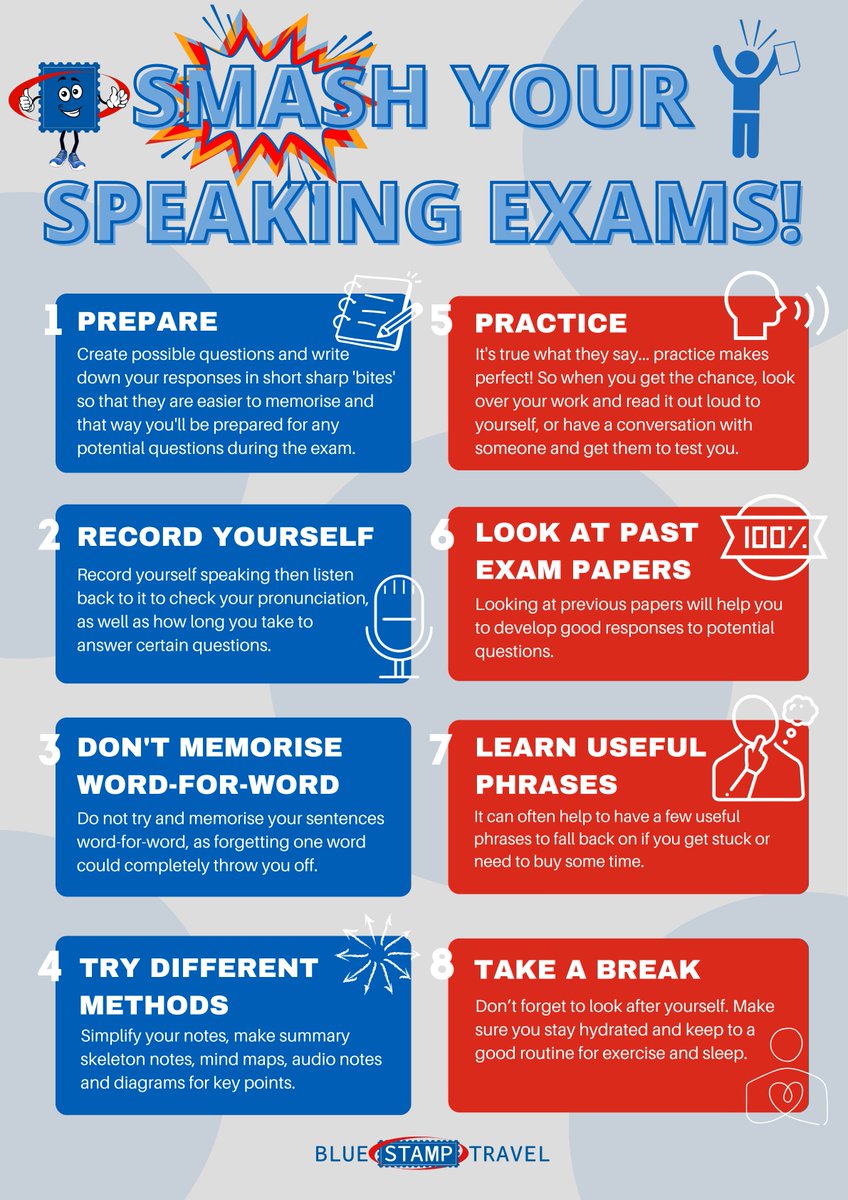 Our #TopTips for how to smash your speaking #exams this year! 💪 Download and print our range of colourful #language posters from our website: bluestamptravel.com/classroom-reso… #mfl #French #German #Spanish #ALevel #GCSE