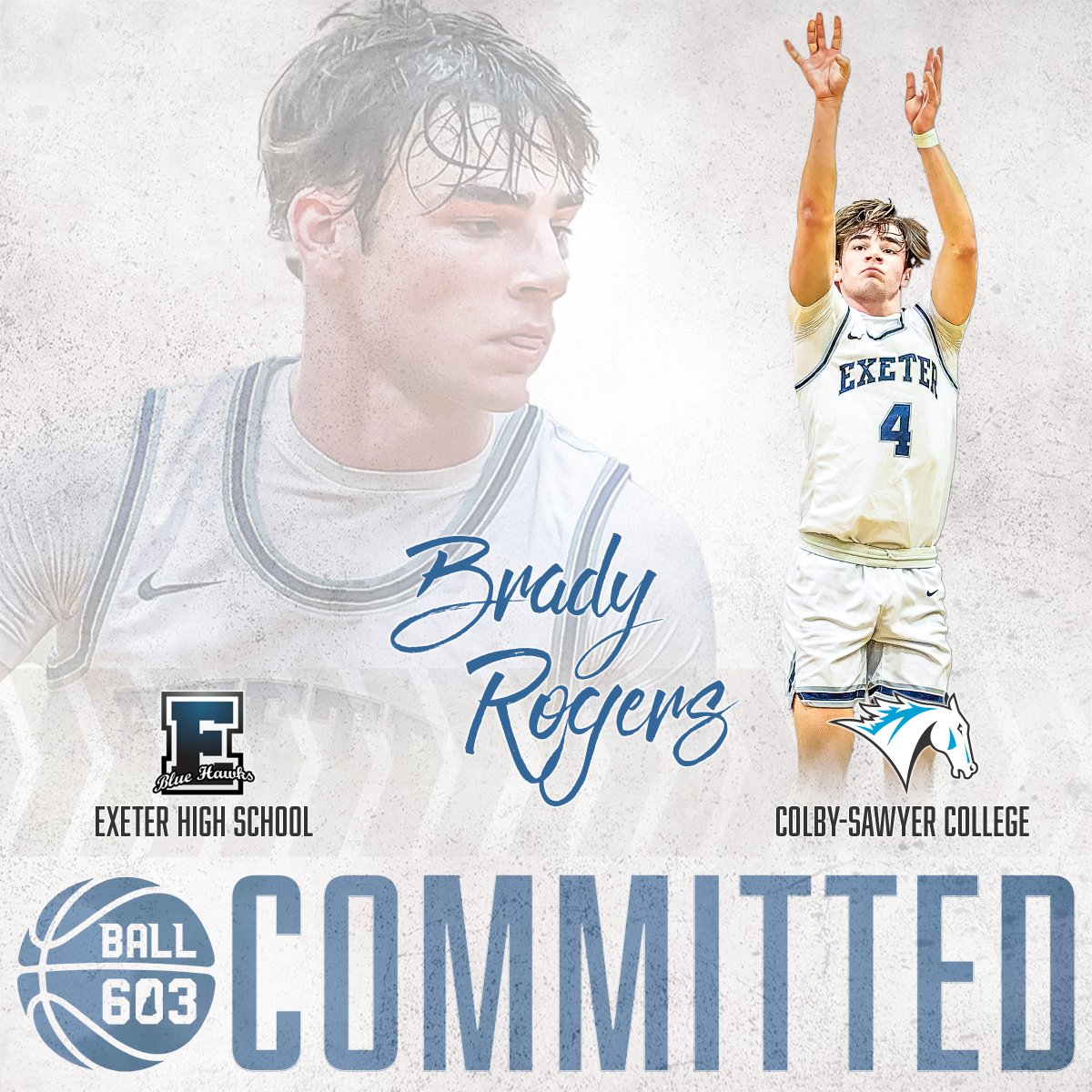 Upon graduating from Exeter High School this spring, Brady Rogers will continue his playing career at Colby-Sawyer College in New London, N.H. A 1st Team All-State pick, Brady plans to study Business & Sport Management while playing for the D-III Chargers. #Ball603committed