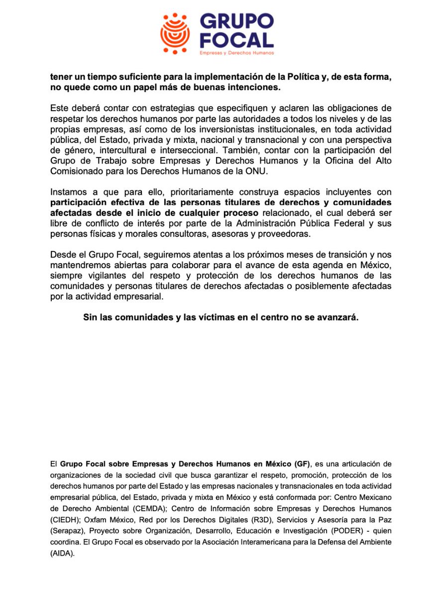 A pesar de todo el trabajo realizado en 2023, <a href="/SEGOB_mx/">Gobernación</a> no consolidó una #PolíticaIntegral que proteja los #DerechosHumanos en el contexto de las actividades empresariales.

El Grupo Focal sobre #EmpresasYDerechosHumanos miramos esto con decepción.

👇Nuestro posicionamiento.👇