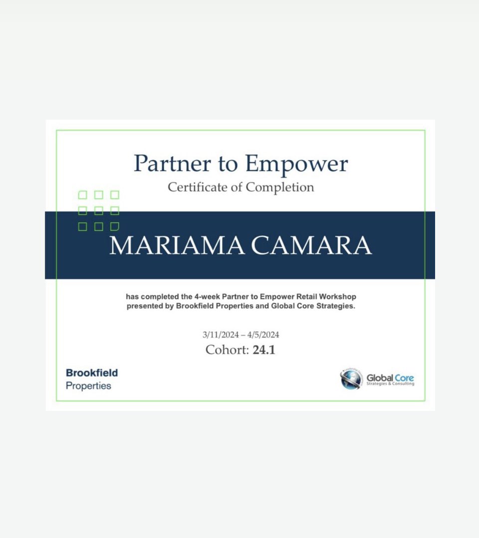 Kanafrik_'s tweet photo. We are thrilled to announce that Kanafrik’s founder @Mariamaworld just  completed a business/retail workshop presented by Partner To Empower, Brookfield Properties, and Global Core Strategies: Cohort 24.1, KANAFRIK LLC. @kanafrik♻️ She Graduated last Friday, April 5th, 2024! https://t.co/Ah1qnMAjLr