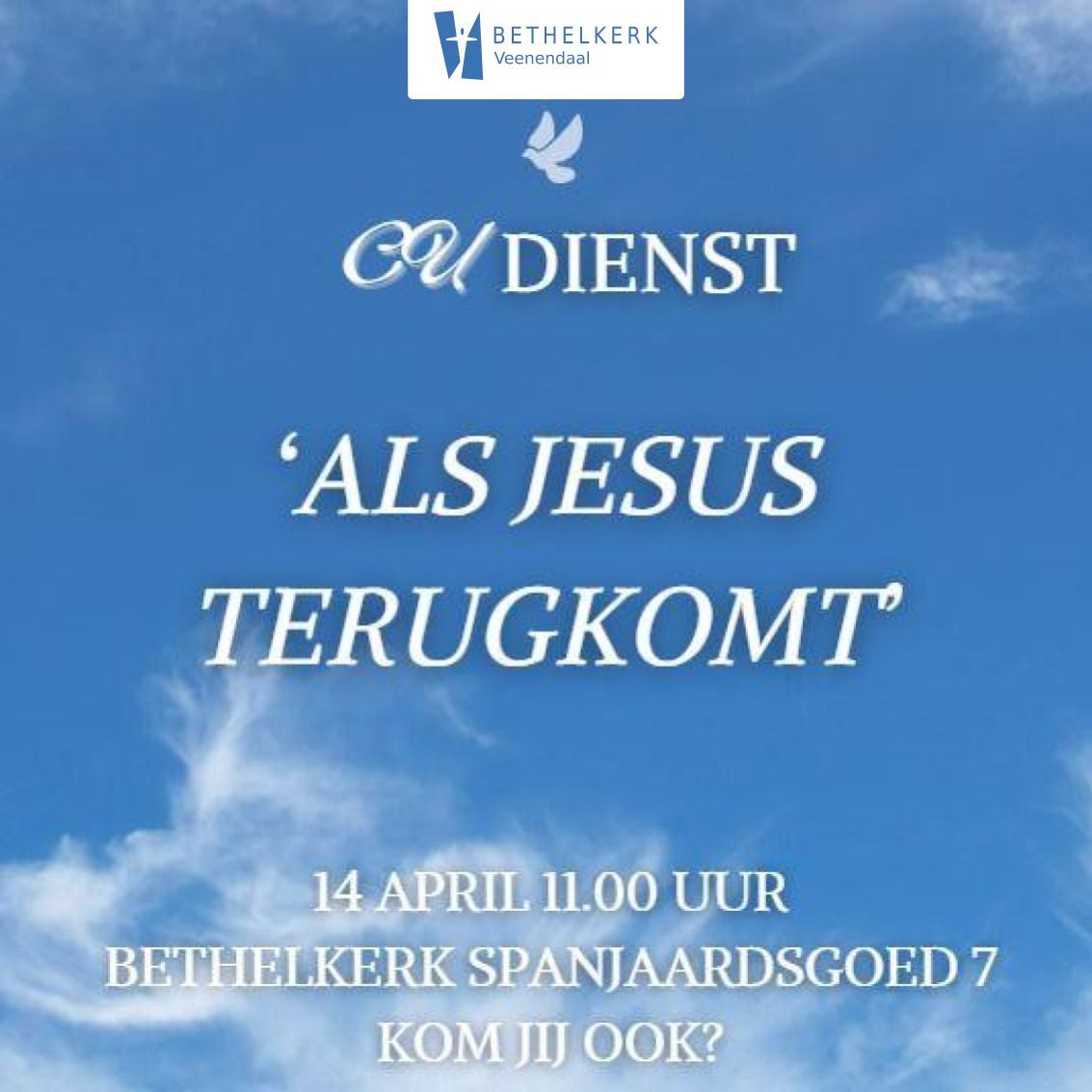👀 Zondag 11:00 is er een CU-dienst in de Bethelkerk, jij komt toch ook? CU 👋!