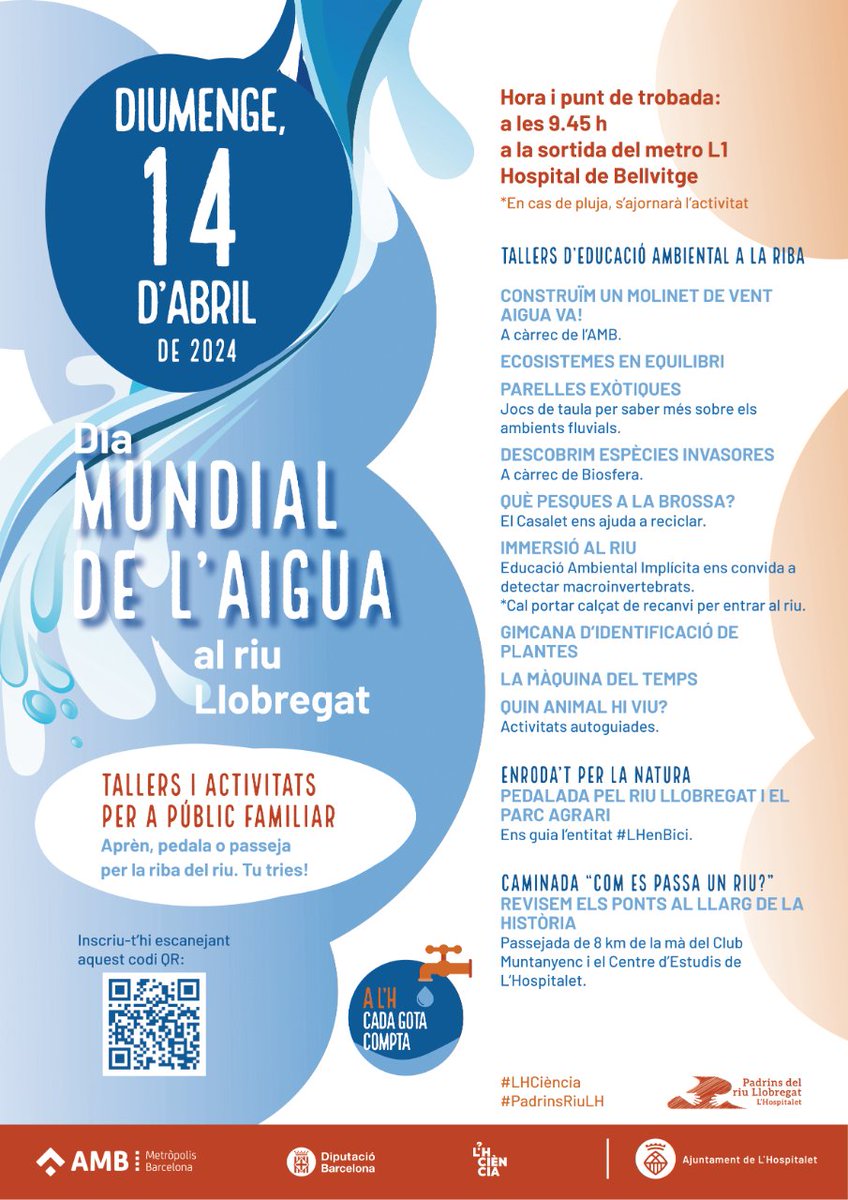 Més propostes per commemorar el #DiaMundialAigua! 🤩💧 El pròxim diumenge 14/04, 💡Aprèn, 🚴Pedala o 🚶Passeja Per la riba del riu Llobregat per celebrar el dia d'aquest recurs tan important💙!  Llegeix la programació, hi ha activitats per a tots els gustos!👇 #LHCiència