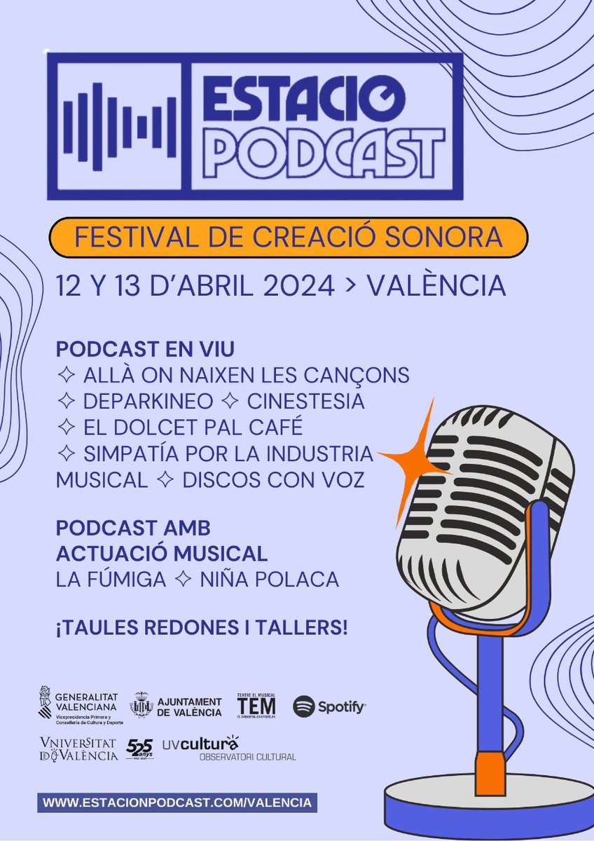 🎙️ El festival de creació sonora @podcastestacion arriba al @teatreelmusical de #València. Podràs gaudir de pòdcasts en directe, actuacions musicals, tallers, taules redones, i més. 🗓️ 12 i 13/04 Programació i entrades ▶️ bitly.ws/3gS2v