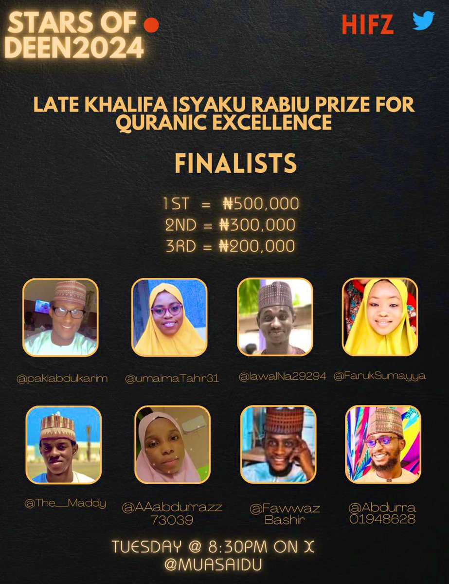 drmuasaidu's tweet photo. 🚨 STARS OF DEEN FINALISTS:

Tonight Space at 8:30PM
May. The. Best. Reciter. Win. 💰 https://t.co/oxSv2DbTzB