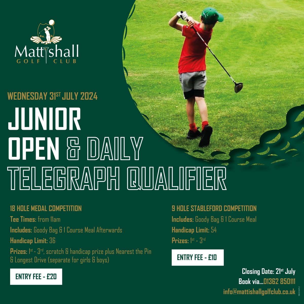 Enter the Junior Open &amp; Daily Telegraph Qualifier on Wednesday 31st July 2024 🏌️🏌️‍♀️

Contact us to book 01362 850111