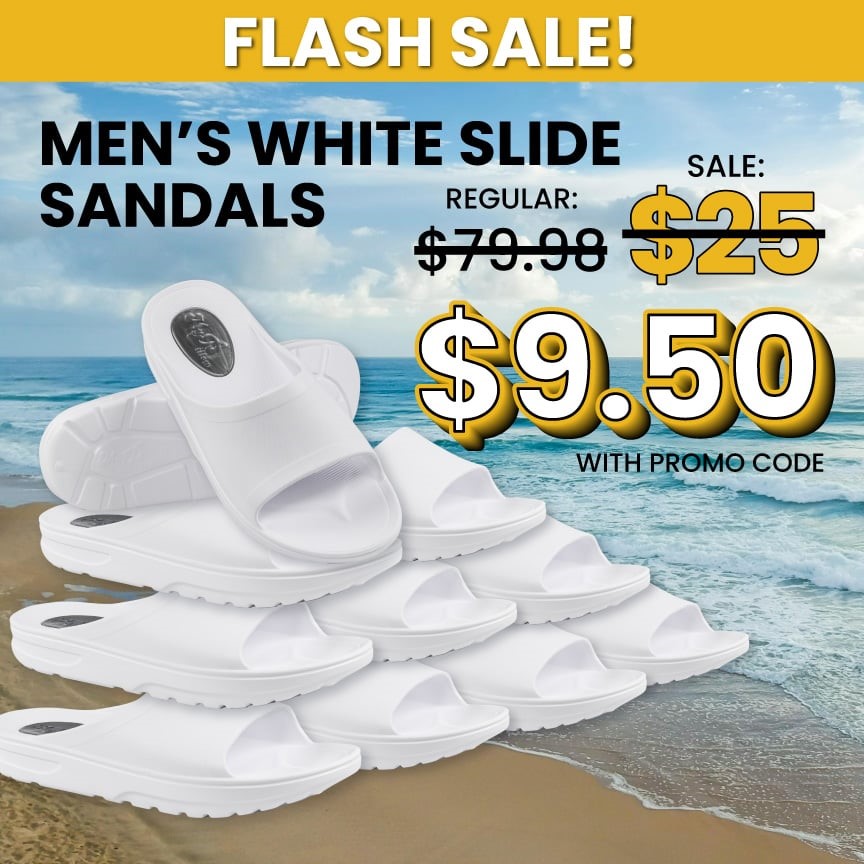 Men's White Slides only $9.50 with promo code R353. Hurry! Supplies are limited! Plus get free shipping on orders over $75. mypillow.com/r353