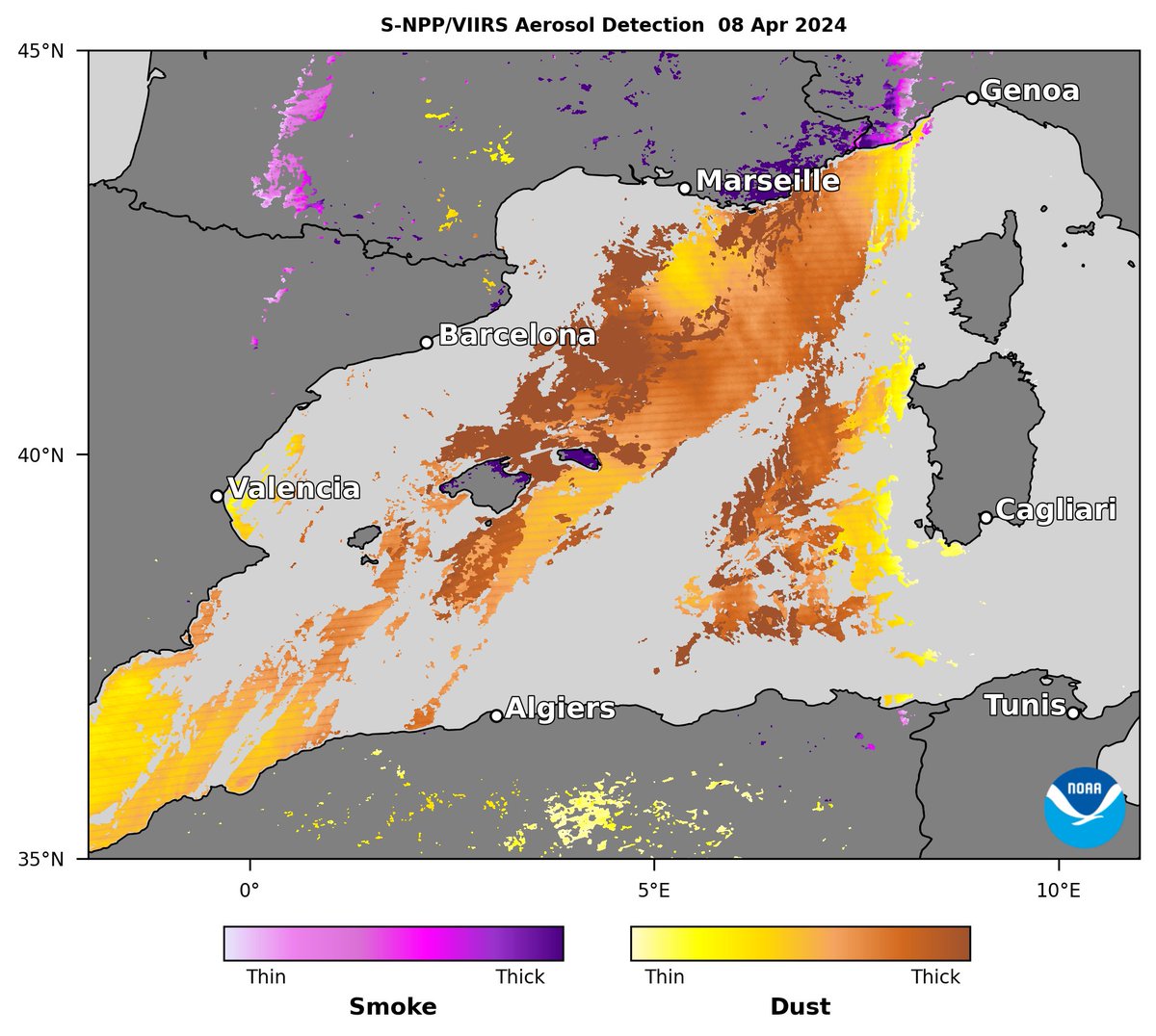 #SNPP #VIIRS aerosol detection observed a thick plume of #SaharanDust (brown shading) moving across the western #MediterraneanSea on 8 Apr. @NOAASatellites @JPSSProgram @m_parrington @Karma_lobsang12