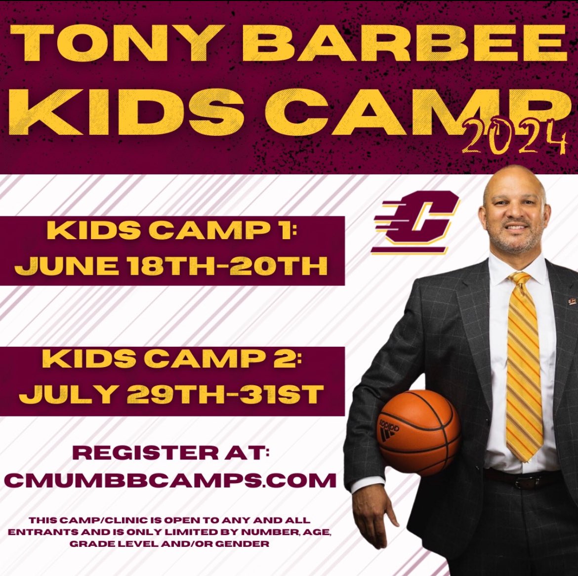 🚨🚨Tony Barbee Summer Camps are fast approaching! Secure your spot today!🚨🚨 Register at cmumbbcamps.com‼️ #FireUpChips🔥⬆️🏀