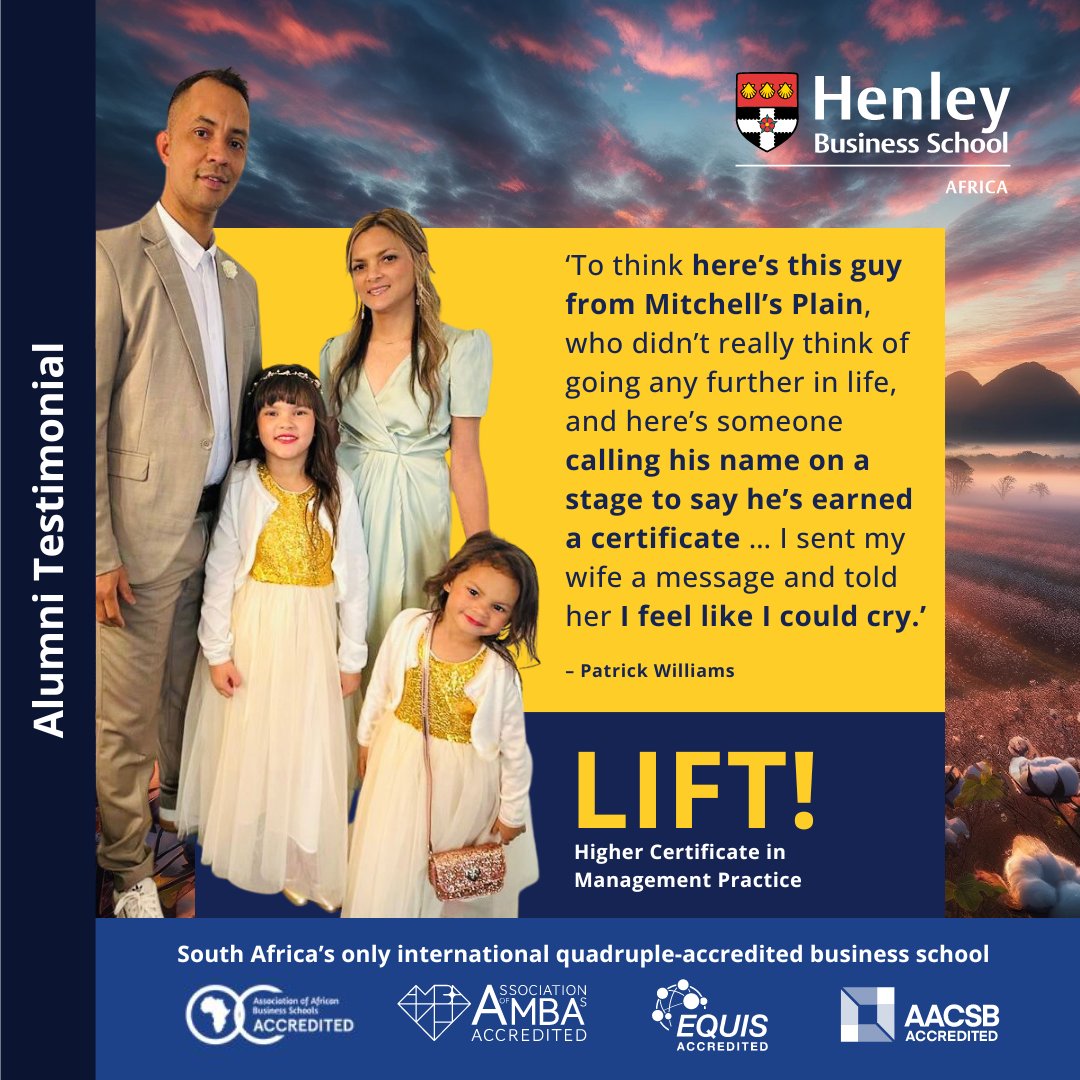 HenleyAfrica's tweet image. 🗣️Meet Patrick, a Henley grad whose LIFT! programme boosted his confidence &amp;amp; landed him a dream promotion. Interactive classes &amp;amp; clear explanations helped him thrive. Now he's on to the RISE! programme. Patrick's story: talent + education = unstoppable! #HenleyAlumni
#UnderGrad