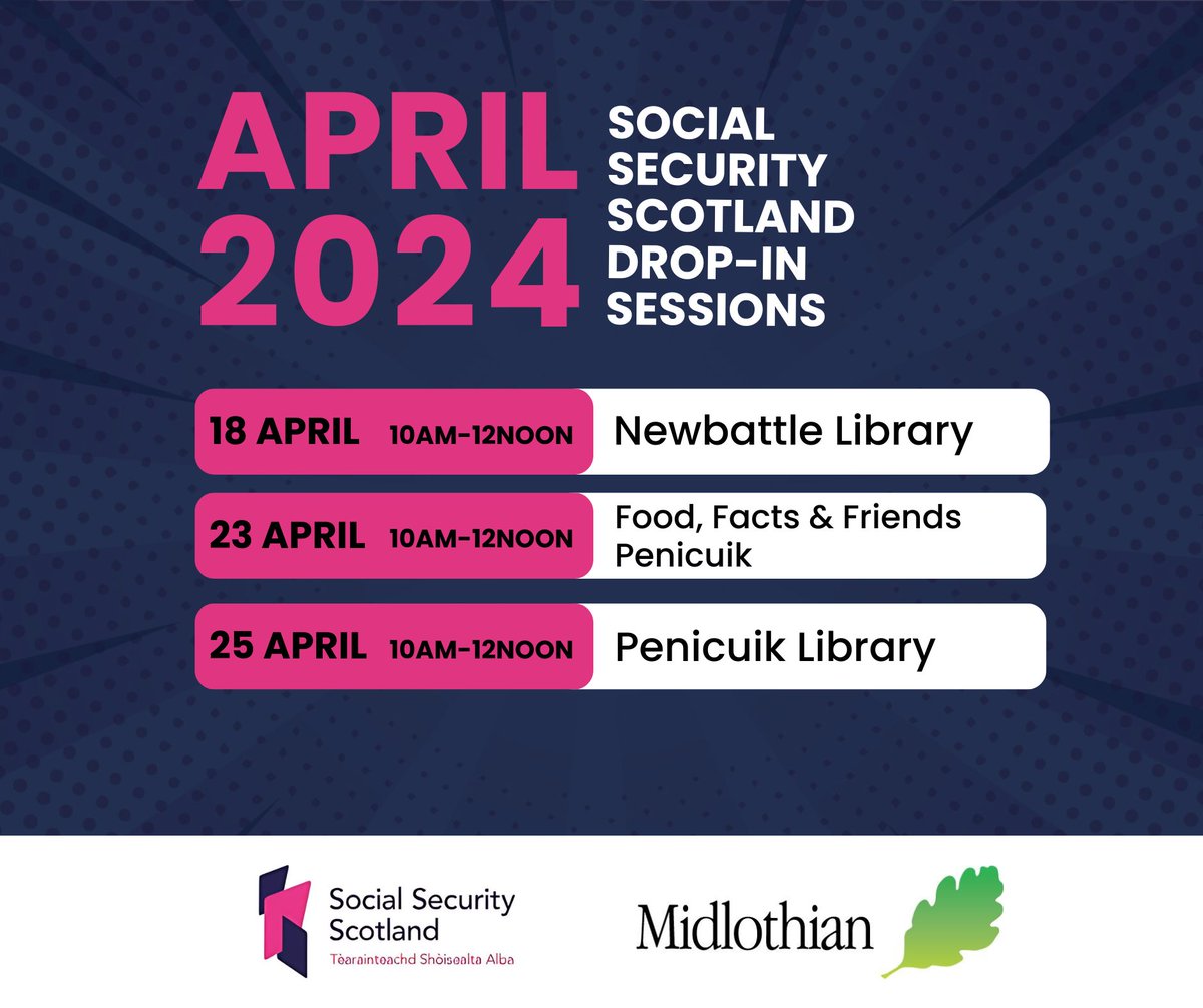 ❓ Worried about money and the cost of living? 👉 Social Security Scotland are holding drop-in services across Midlothian during April. Go along for confidential advice on paying bills, support and more. More info here: ow.ly/zSiw50QABv4