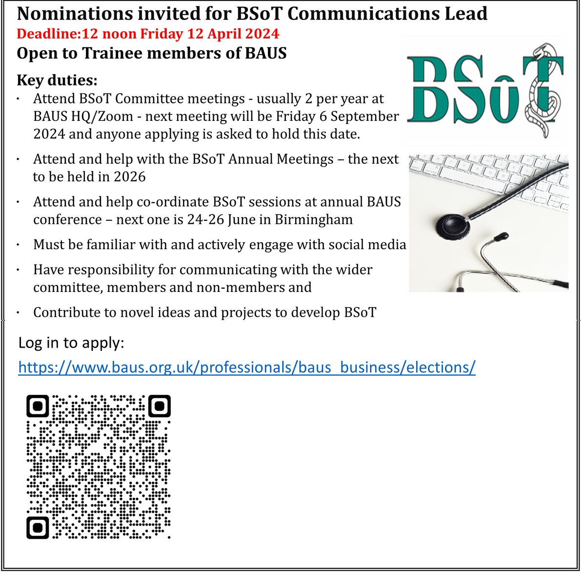 📢📢📢 CALLING BAUS TRAINEES Nominations are invited for BSoT Communications Lead Open to BSoT Trainee members ‼️DEADLINE FOR NOMIATIONS: 12 noon, Friday 12 April ‼️ Log in for more info & to apply: baus.org.uk/professionals/… @SarikaN05 @BSoT_UK