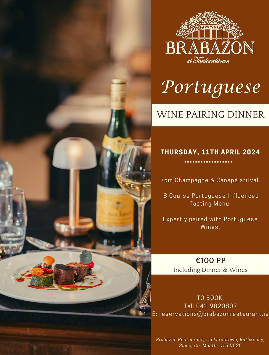 Limited spaces left for our Portuguese Wine Pairing Dinner this Thursday 🍷 Join us at 7pm for drinks, canapes, and an 8-course Portuguese Tasting Menu with @tindalwines. Tickets €100 pp, incl. dinner & wines. Book now: tankardstown.ie/dining-booking…