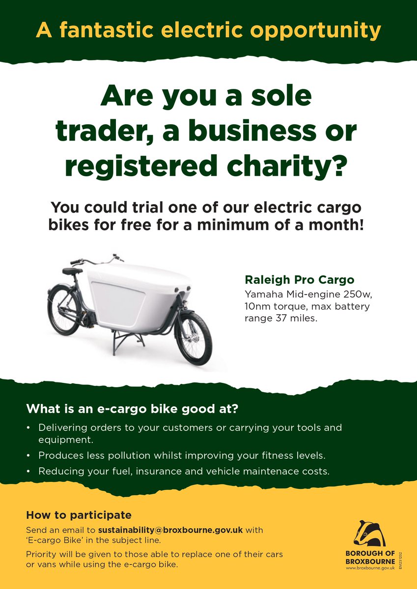 Are you a sole trader, a business or registered charity? You could trial one of our electric cargo bikes for free for a minimum of a month! 🚲⚡ Send an email to sustainability@broxbourne.gov.uk with ‘E-cargo Bike’ in the subject line to learn more.