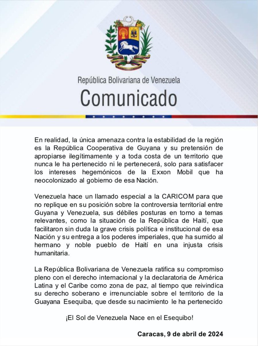 Rechazamos categóricamente el injerencista comunicado, emitido el día de hoy #9Abr por la Comunidad del Caribe #CARICOM, donde se expresan opiniones imprecisas y falsas, sobre la Ley Orgánica para la Defensa de la Guayana Esequiba. #AvanzaPuebloUnido .@NicolasMaduro