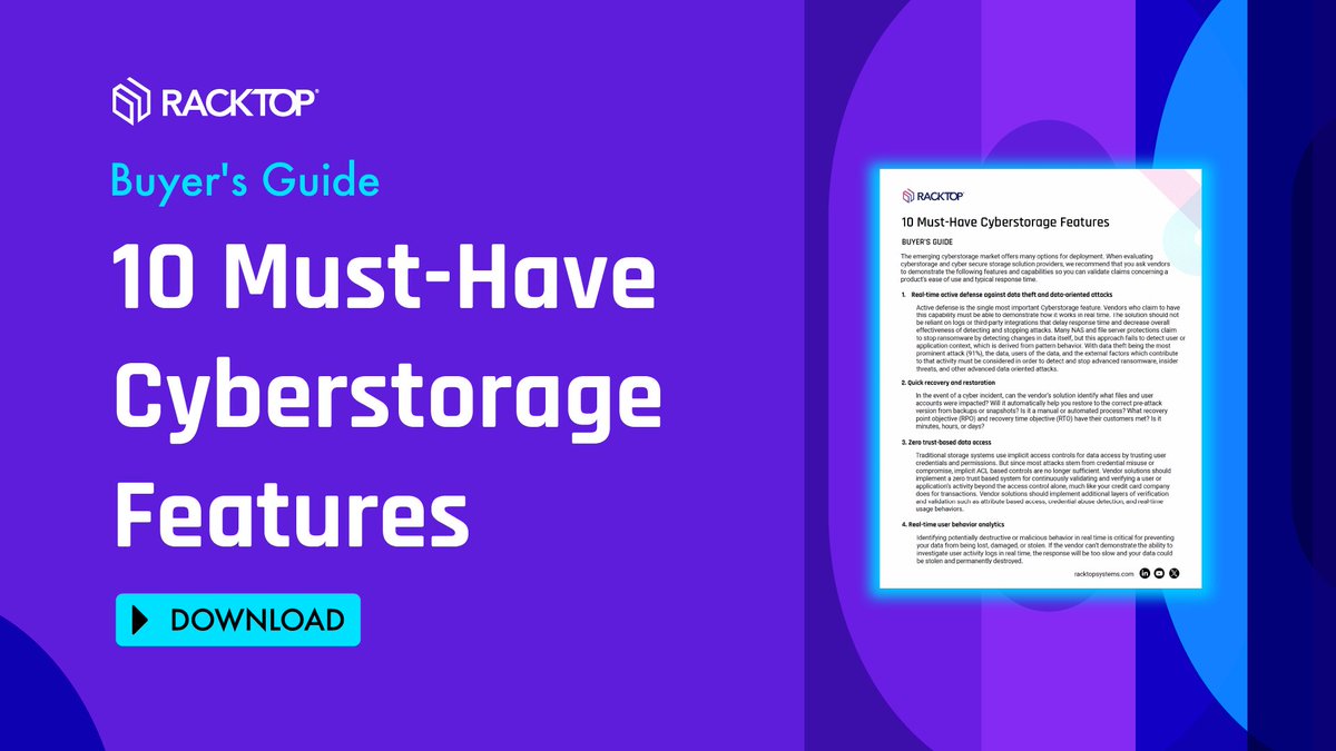 Are cyber attacks about #datatheft or recovery? The only way to prevent theft is to detect and stop it in real time. But your #immutablesnapshots won’t help you there. Read our buyer’s guide to 10 must-have #cyberstorage features. hubs.ly/Q02s9b1K0