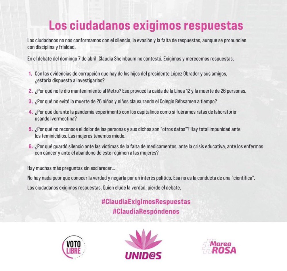 Me uno a esta iniciativa ciudadana Pon este cartel en tus redes con estos # y EXIGE RESPUESTAS #ClaudiaRespóndenos #ClaudiaExigimosRespuestas